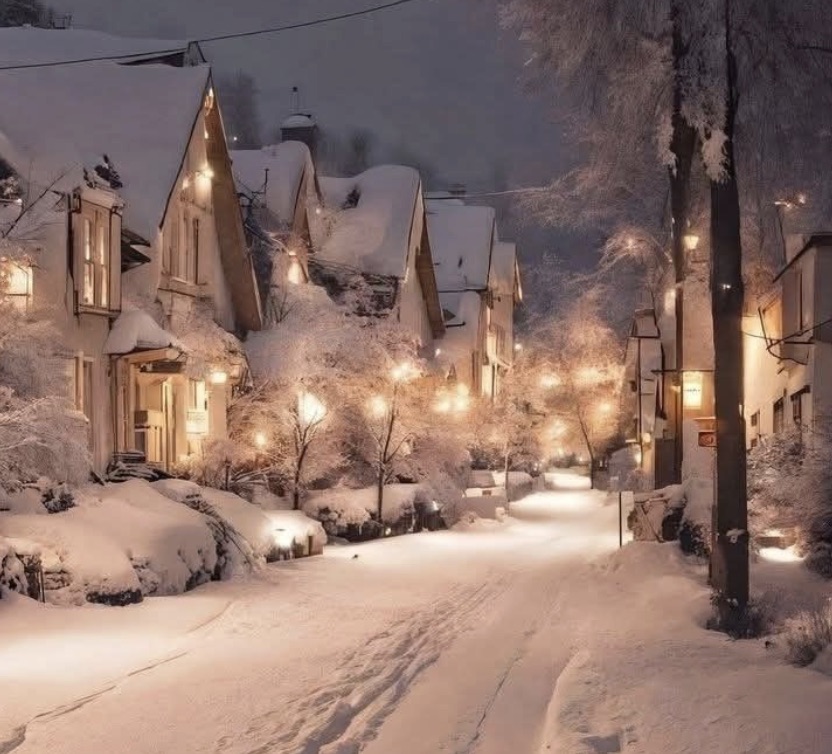 Serene snow-covered street scene at dusk with charming houses and warm glowing lights creating a magical winter atmosphere